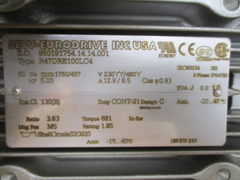 SEW-EURODRIVE R47DRE100LC4 230/460V 12.9/6.5A NSMP
