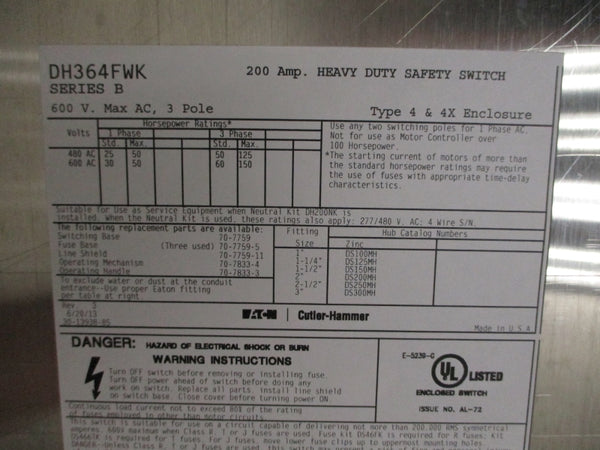 EATON DH364FWK SER. B 600VAC 200A NSNP