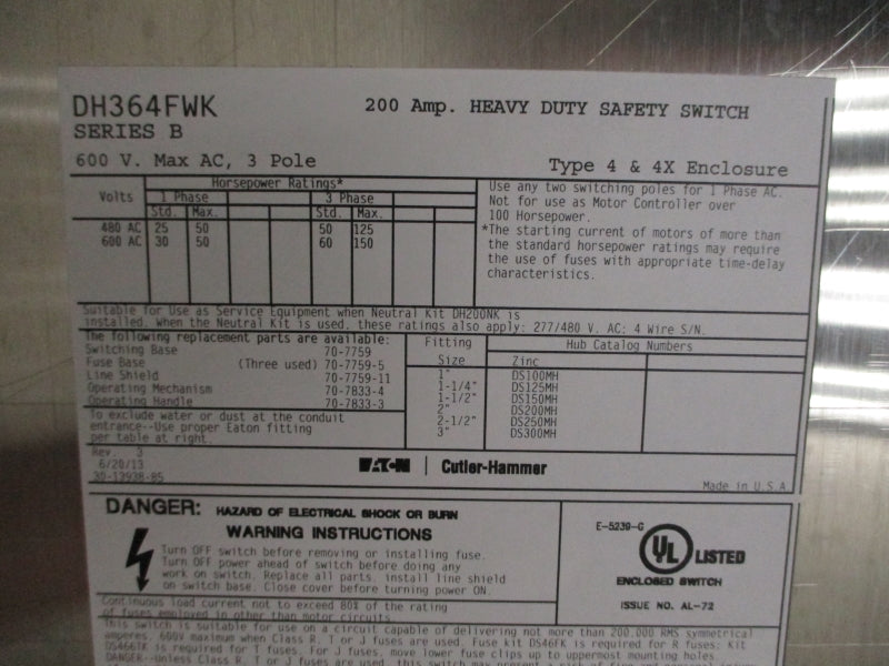 EATON DH364FWK SER. B 600VAC 200A NSNP