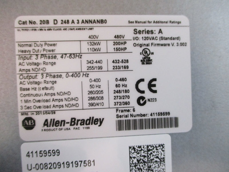 ALLEN BRADLEY 20BD248A3ANNANB0 SER. A F/W 3.002 342-440VAC 260/205A NSMP