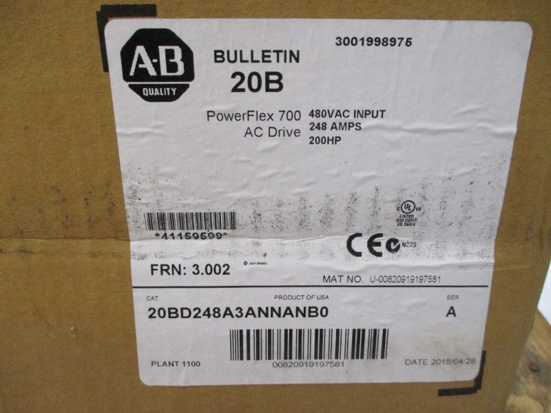 ALLEN BRADLEY 20BD248A3ANNANB0 SER. A F/W 3.002 342-440VAC 260/205A NSMP