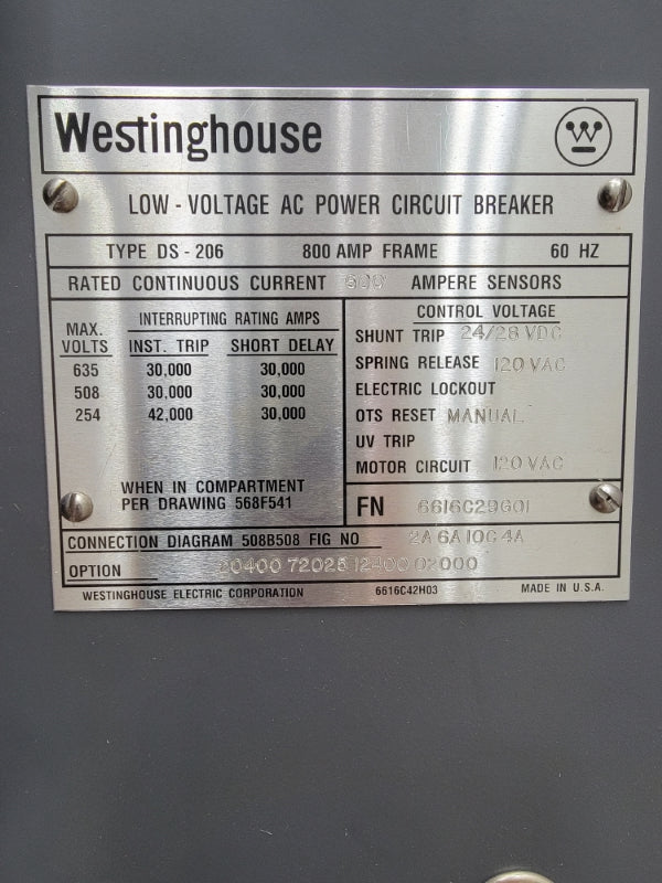 WESTINGHOUSE DS-206 I-A LSI 120VAC 800A NSNP