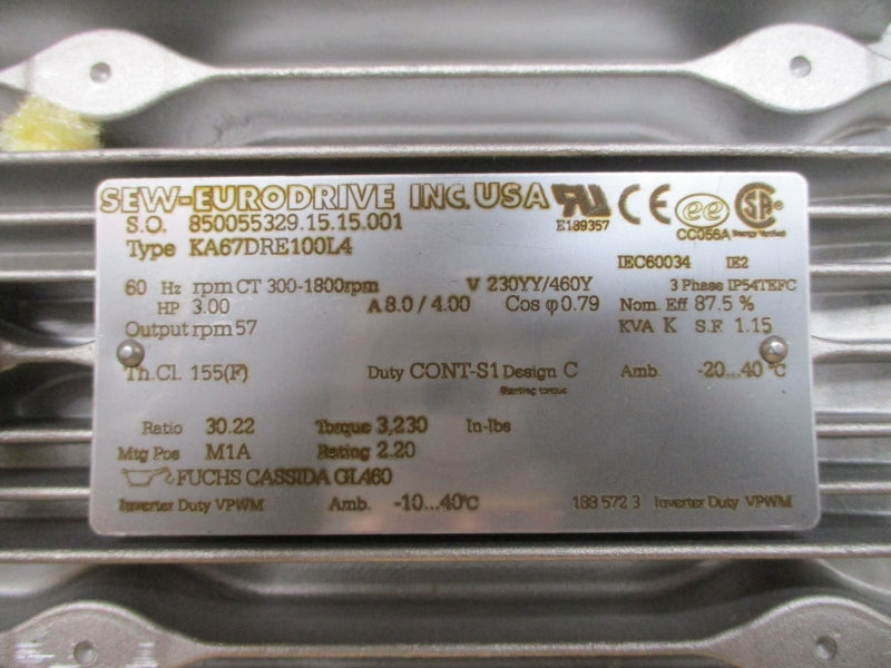 SEW-EURODRIVE KA67DRE100L4 230/460V 8.0/4.00A NSMP