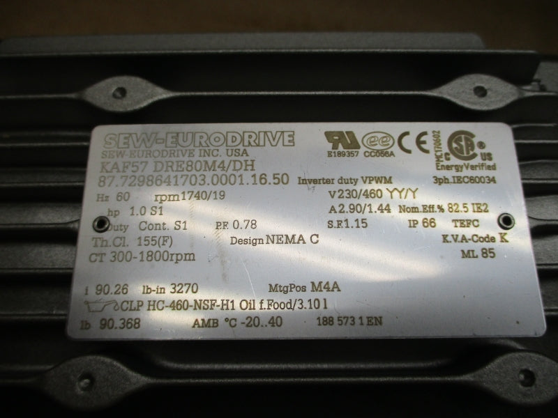SEW-EURODRIVE KAF57DRE80M4/DH 230/460V 2.90/1.44A NSMP