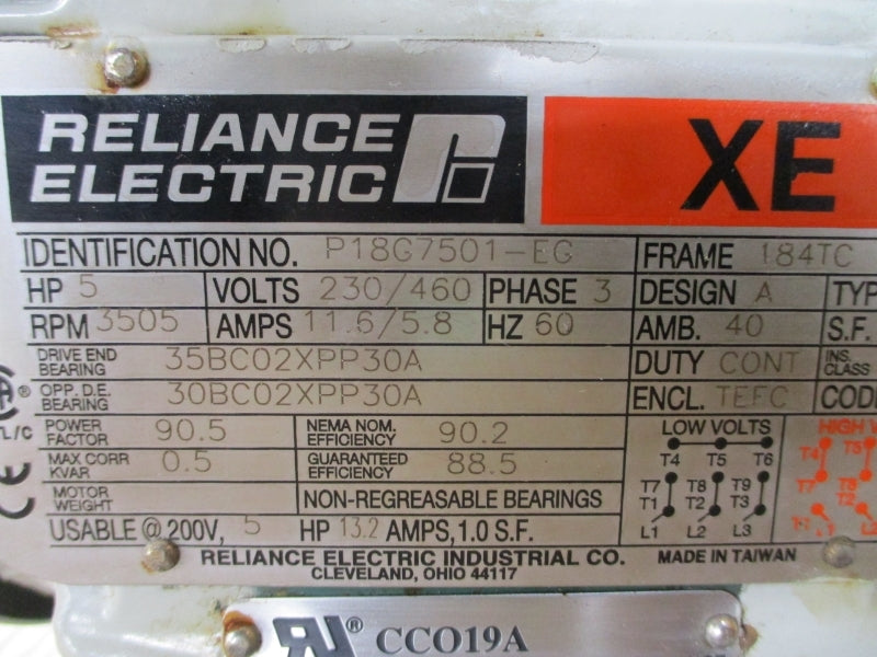 RELIANCE ELECTRIC P18G7501-EG 230/460V 11.6/5.8A NSNP