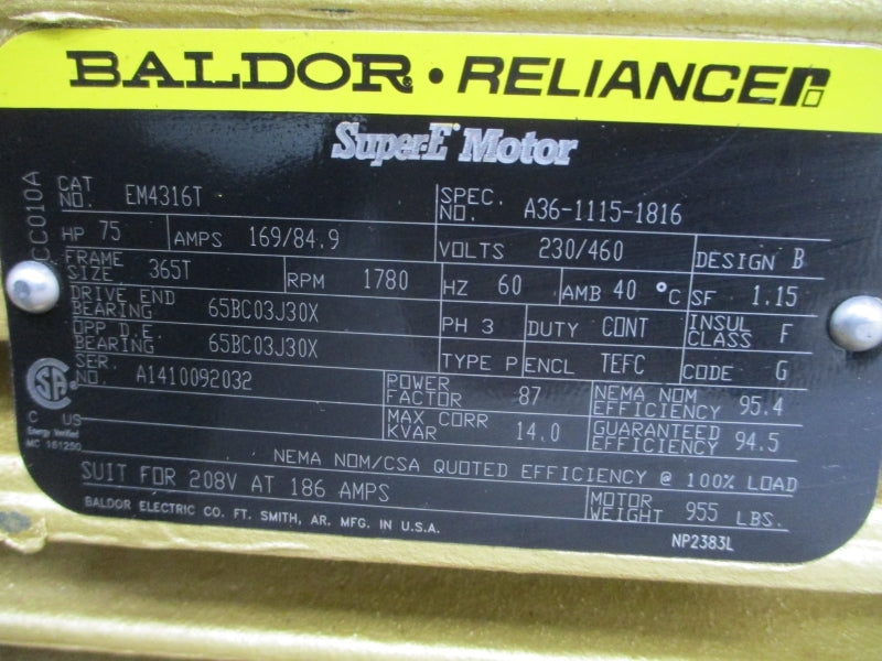 BALDOR RELIANCE EM4316T A36-1115-1816 230/460V 169/84.9A NSMP