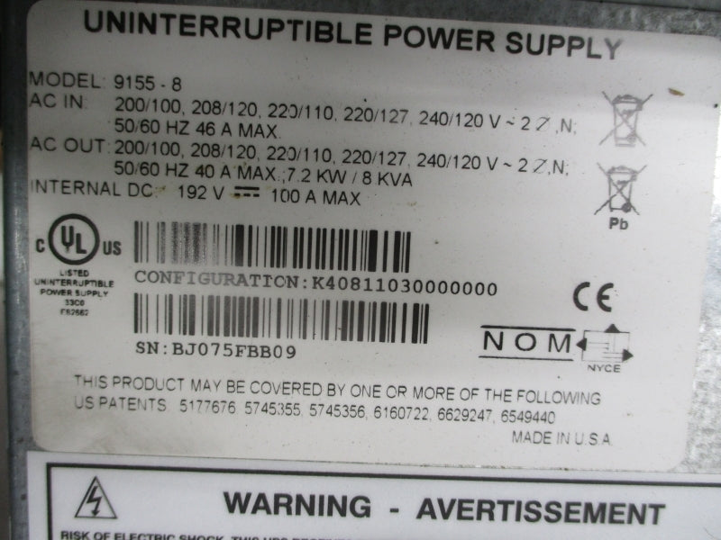 EATON 9155-8 K40811030000000 192VDC 100A NSMP
