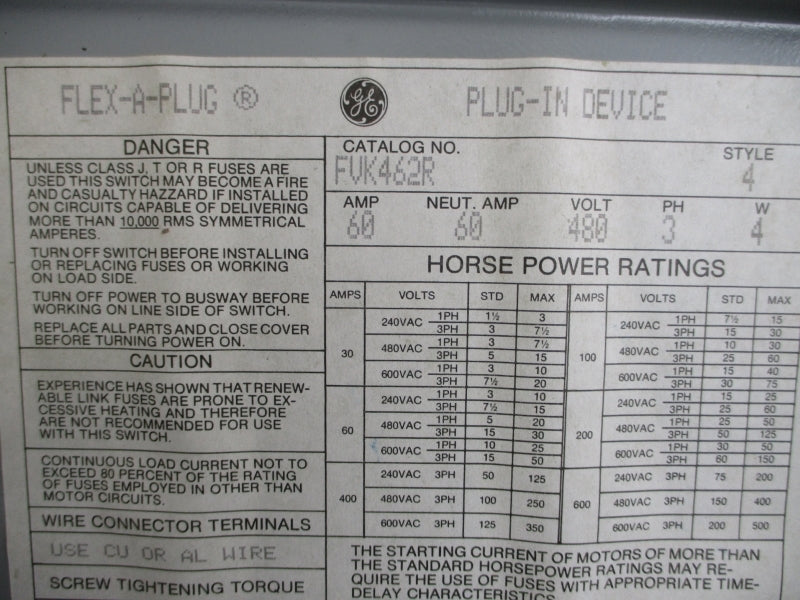 GENERAL ELECTRIC FVK462R 480V 60A NSMP