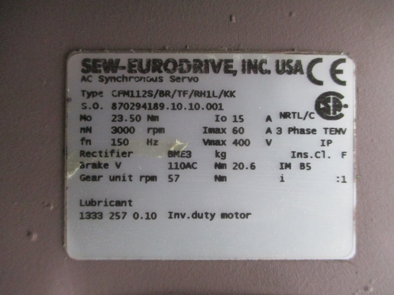SEW-EURODRIVE FH57A CFM112S/BR/TF/RH1L/KK 400V 60A NSNP
