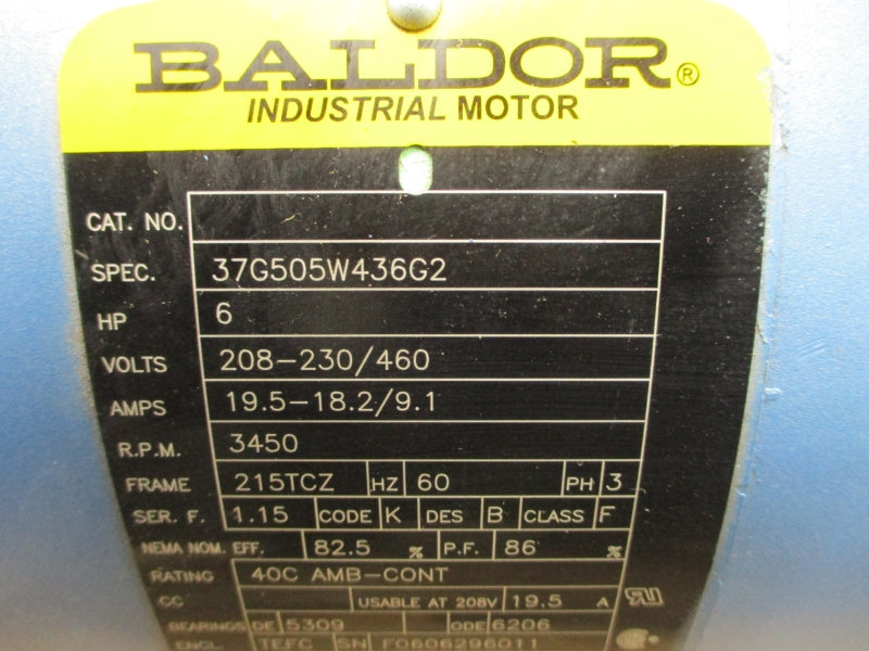BALDOR 37G505W436G2 208-230/460V 19.5-18.2/9.1A NSNP