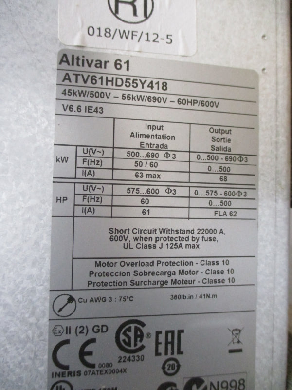 SCHNEIDER ELECTRIC ATV61HD55Y418 500-690V 62A NSNP