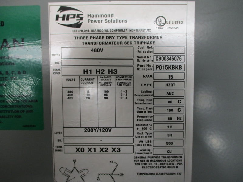 HAMMOND POWER SOLUTIONS P015KBKB 480V NSNP