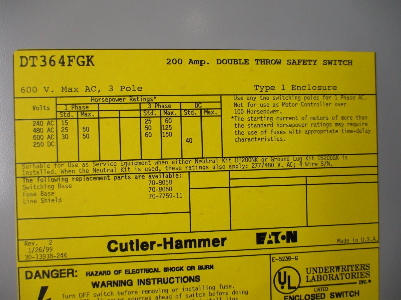 CUTLER HAMMER DT364FGK 600VAC 200A NSMP