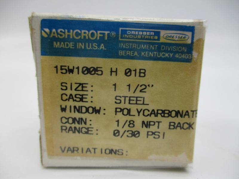ASHCROFT 15W1005H01B 0/30PSI 1-1/2" NSMP