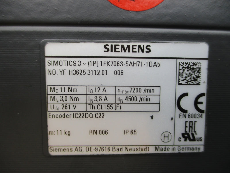 SIEMENS 1FK7063-5AH71-1DA5 261V 12A NSMP