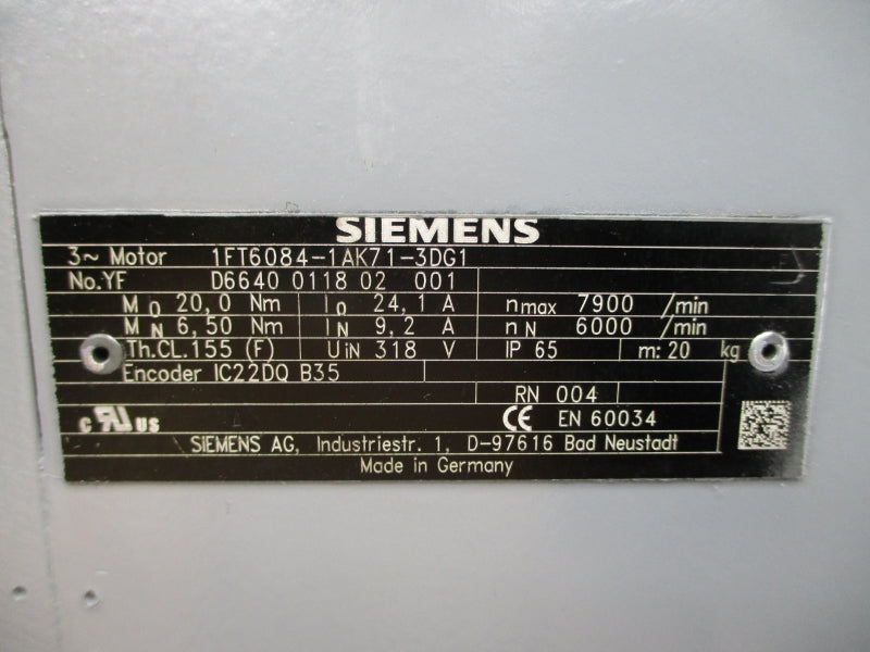 SIEMENS 1FT6084-1AK71-3DG1 318V 24.1A NSMP