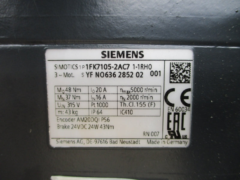 SIEMENS 1FK7105-2AC71-1RH0 315V 20A NSNP