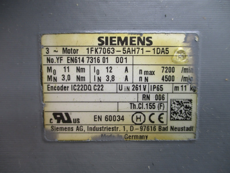 SIEMENS 1FK7063-5AH71-1DA5 261V 12A NSNP