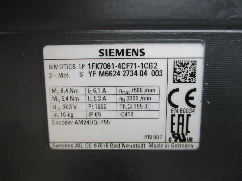 SIEMENS 1FK7061-4CF71-1CG2 203V 6.1A NSMP