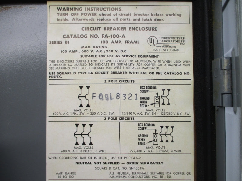 SQUARE D FA-100-A SER. B1 600VAC 100A NSNP