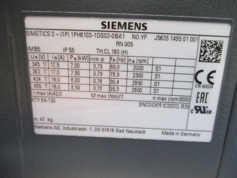 SIEMENS 1PH8103-1DG02-0BA0 455V 17.5A NSMP