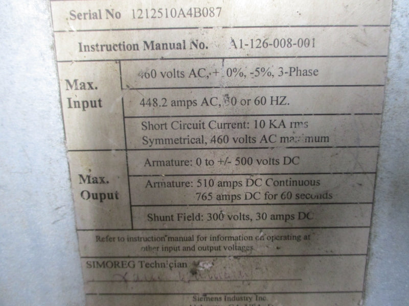 SIEMENS 6RA7083-2FV62-0 1212510A4B087 460VAC 448.2A UNMP