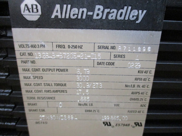ALLEN BRADLEY 1326AB-B720E-21-Z15 SER. A 460V 17.5A REMAN