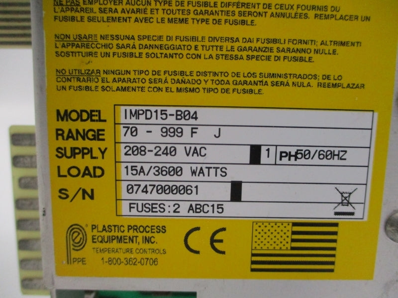 PLASTIC PROCESS EQUIPMENT IMPD15-B04 208-240VAC 15A UNMP