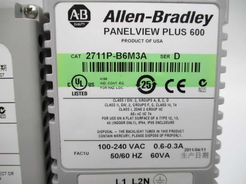 ALLEN BRADLEY 2711P-B6M3A SER. D 100-240VAC 0.6-0.3A NSMP