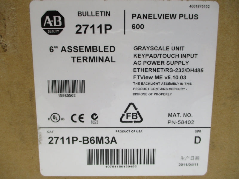 ALLEN BRADLEY 2711P-B6M3A SER. D 100-240VAC 0.6-0.3A NSMP