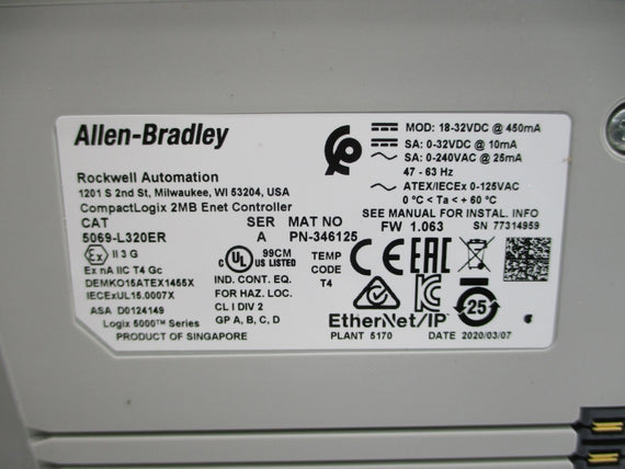 ALLEN BRADLEY 5069-L320ER SER. A F/W 1.063 0-240VAC NSNP