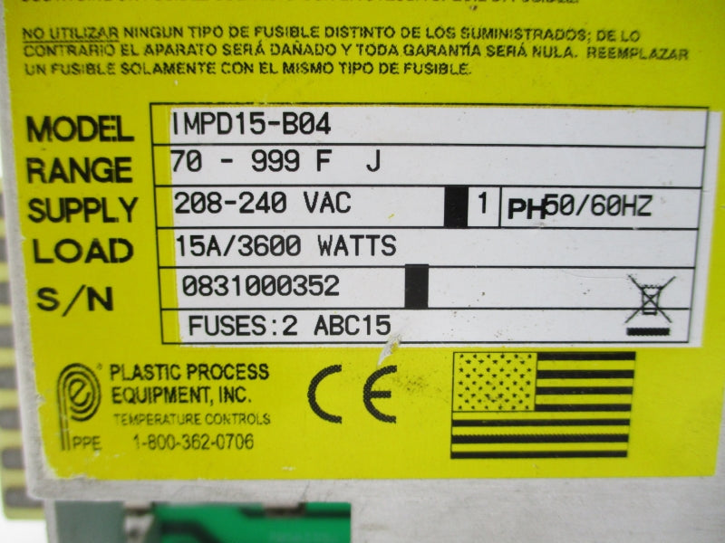 PLASTIC PROCESS EQUIPMENT IMPD15-B04 208-240VAC UNMP