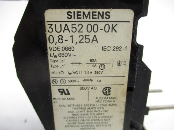 SIEMENS 3UA5200-0K 600VAC 0.8-1.25A UNMP