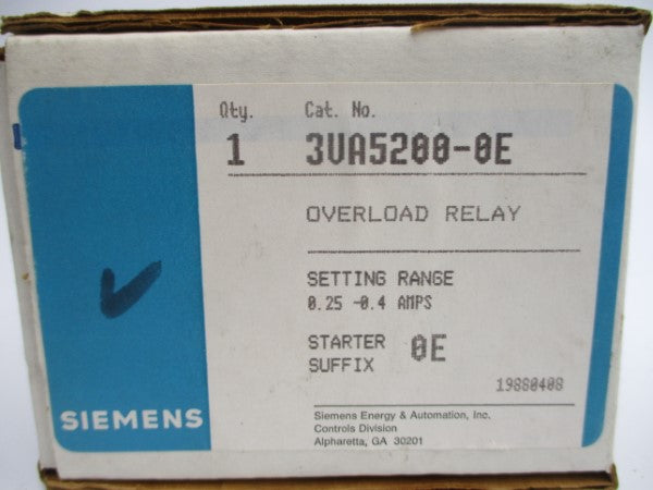 SIEMENS 3UA5200-0E 600VAC 0.25-0.4A NSMP