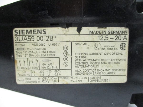 SIEMENS 3UA5900-2B 600VAC 12.5-20A NSNP