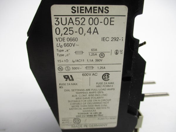 SIEMENS 3UA5200-0E 600VAC 0.25-0.4A NSNP