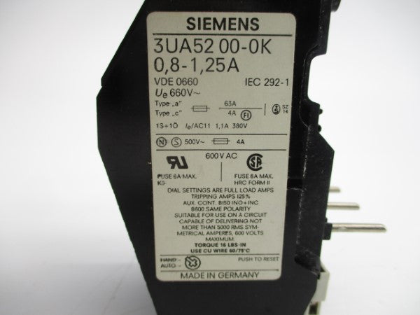 SIEMENS 3UA5200-0K 600VAC 0.8-1.25A NSMP