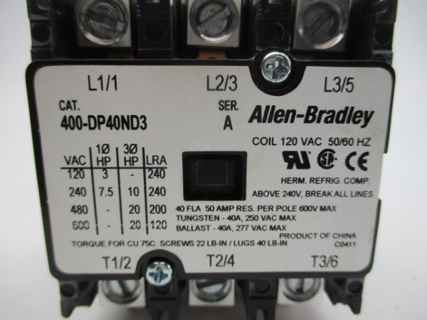 ALLEN BRADLEY 400-DP40ND3 SER. A 120VAC 40A (WH) NSMP