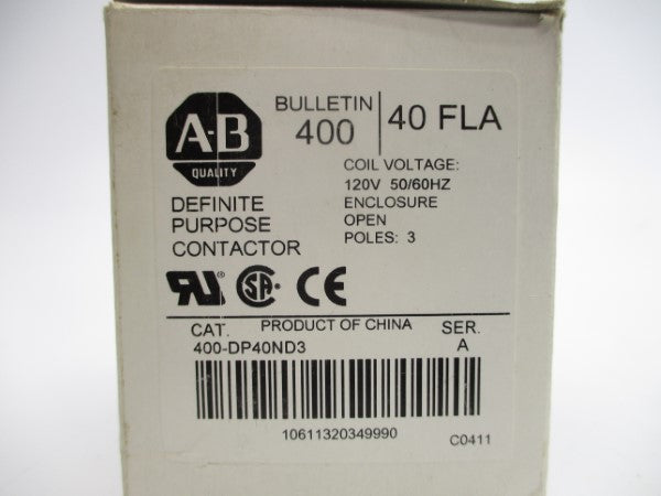 ALLEN BRADLEY 400-DP40ND3 SER. A 120VAC 40A (WH) NSMP