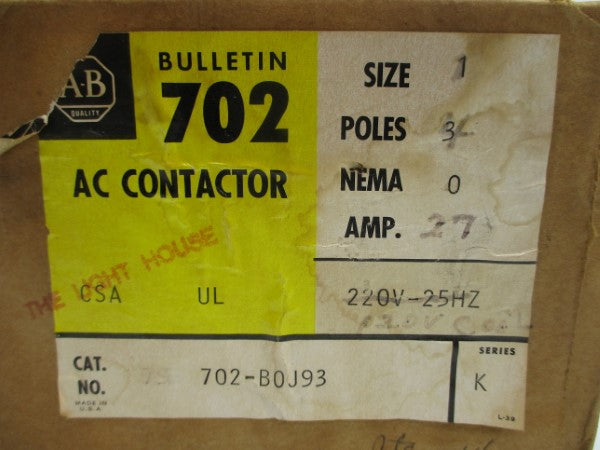 ALLEN BRADLEY 702-B0J93 SER. K 110/120V 27A (BR/YL) NSMP