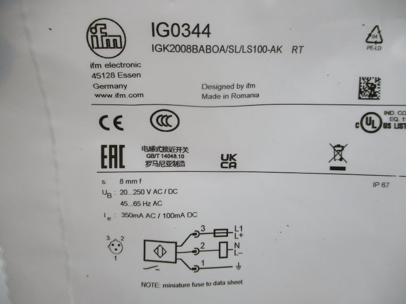 IFM EFECTOR IG0344 IGK2008BABOA/SL/LS100-AK 20-250VAC/DC NSMP