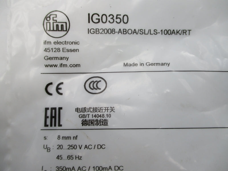 IFM EFECTOR IG0350 IGB2008-ABOA/SL/LS-100AK/RT 20-250VAC/DC NSMP