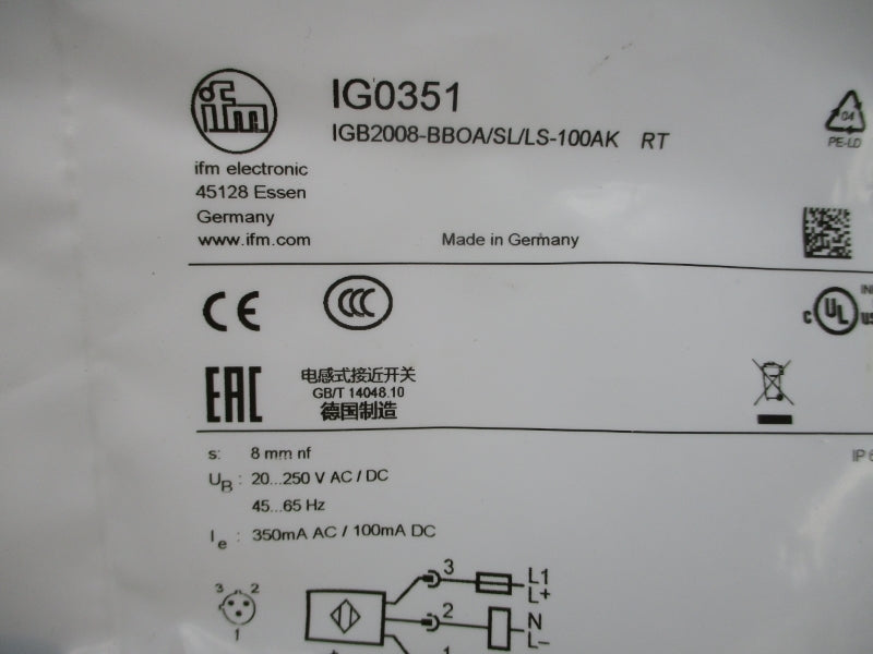 IFM EFECTOR IG0351 IGB2008-BBOA/SL/LS-100AKRT 20-250VAC/DC NSMP