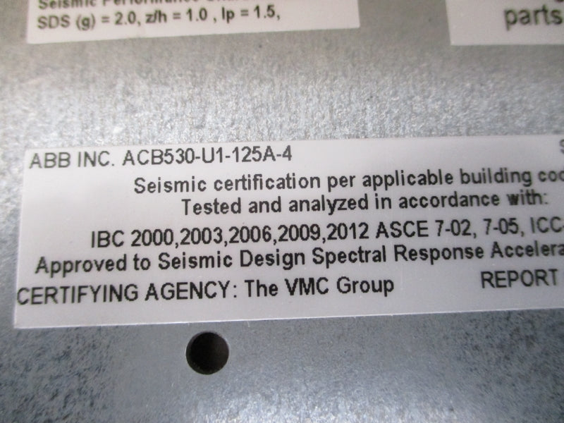 ABB ACB530-U1-125A-4 380-480VAC 124A NSMP