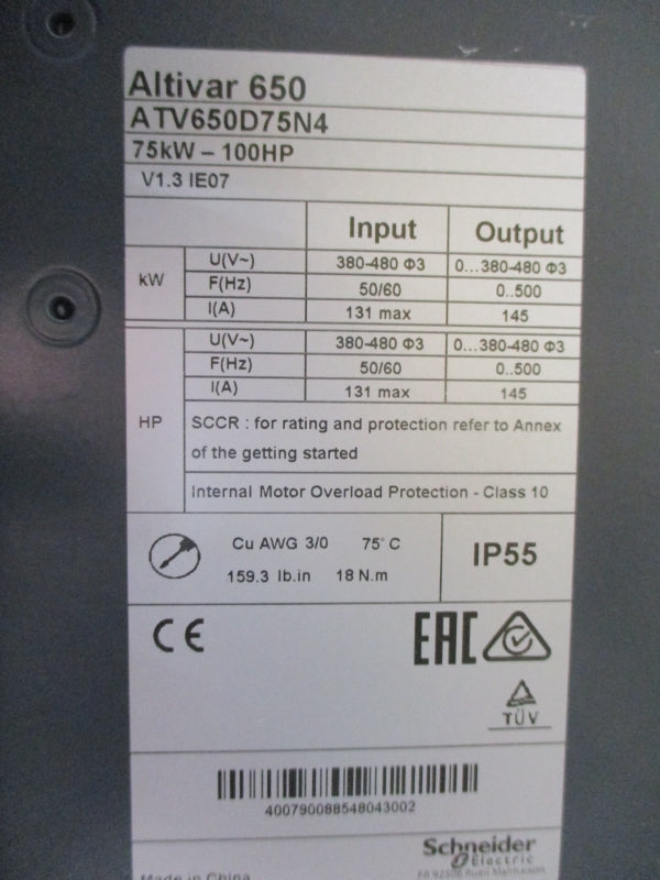SCHNEIDER ELECTRIC ATV650D75N4 380-480V 145A NSMP