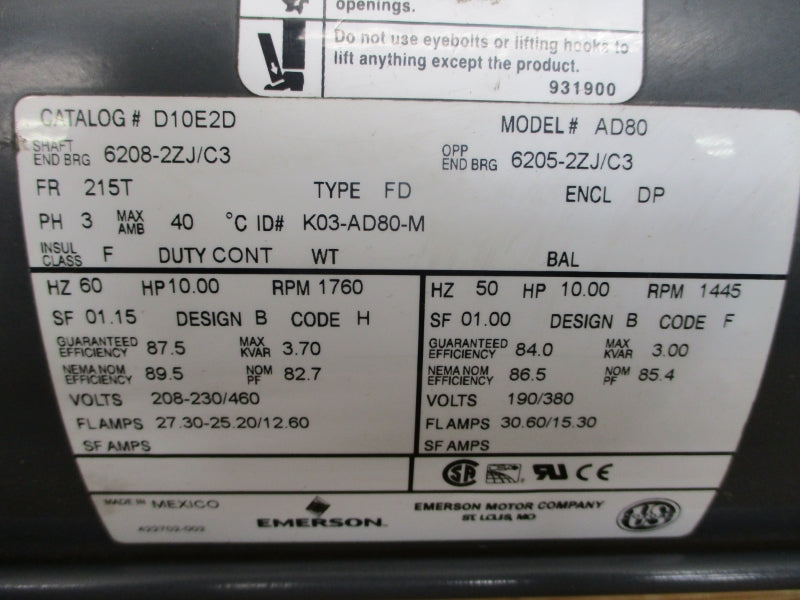 US MOTORS D10E2D 208-230/460V 27.30-25.20/12.60A NSMP
