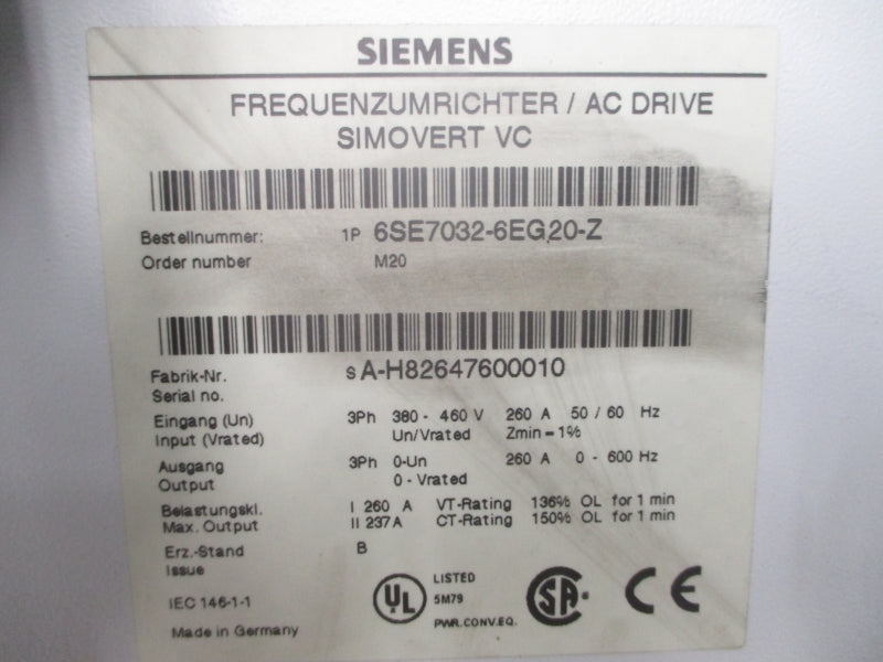 SIEMENS 6SE7032-6EG20-Z 380-460VAC 260A UNMP