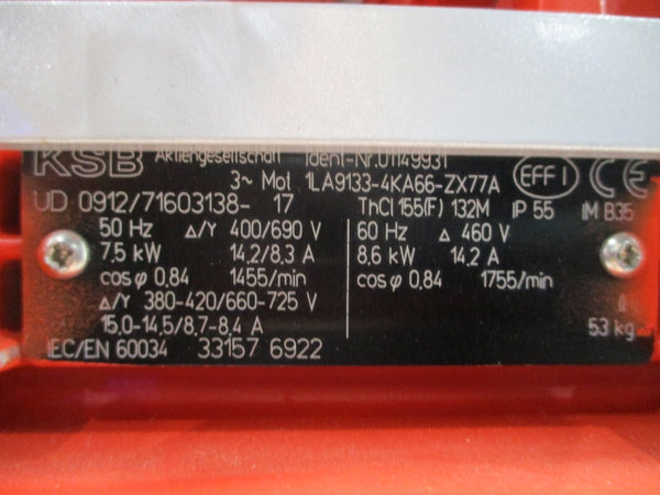 KSB ETALINE GN11 80-210/754 5007K50AH0SI4 W/ KSB 1LA9133-4KA66-ZX77A 380-420/660-725V 15.0-14.5/8.7-8.4A NSNP