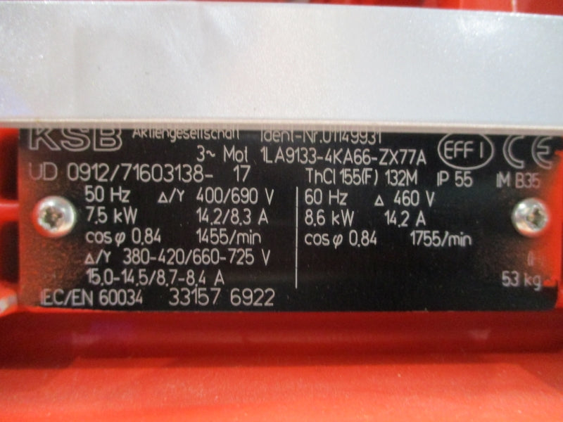 KSB ETALINE GN11 80-210/754 5007K50AH0SI4 W/ KSB 1LA9133-4KA66-ZX77A 380-420/660-725V 15.0-14.5/8.7-8.4A NSNP