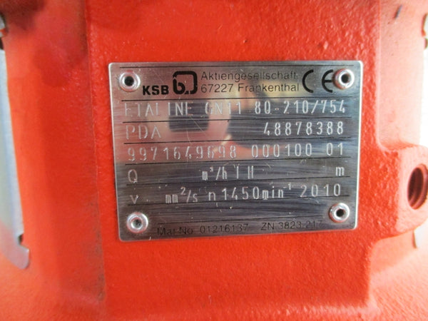 KSB ETALINE GN11 80-210/754 5007K50AH0SI4 W/ KSB 1LA9133-4KA66-ZX77A 380-420/660-725V 15.0-14.5/8.7-8.4A NSNP